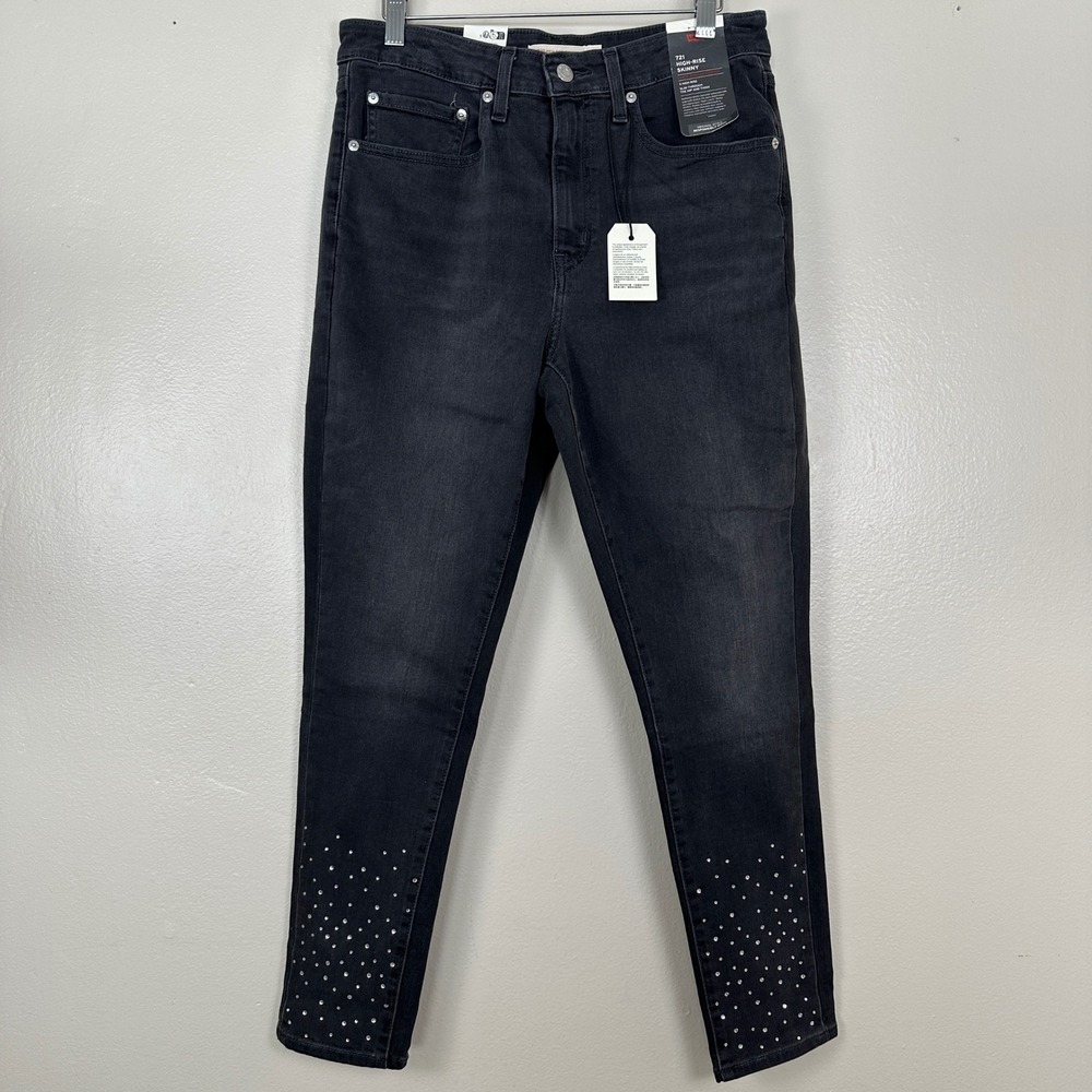 Levi's Women's 30 721 High-Rise Skinny Black Rhinestone Studded Jeans NEW‎